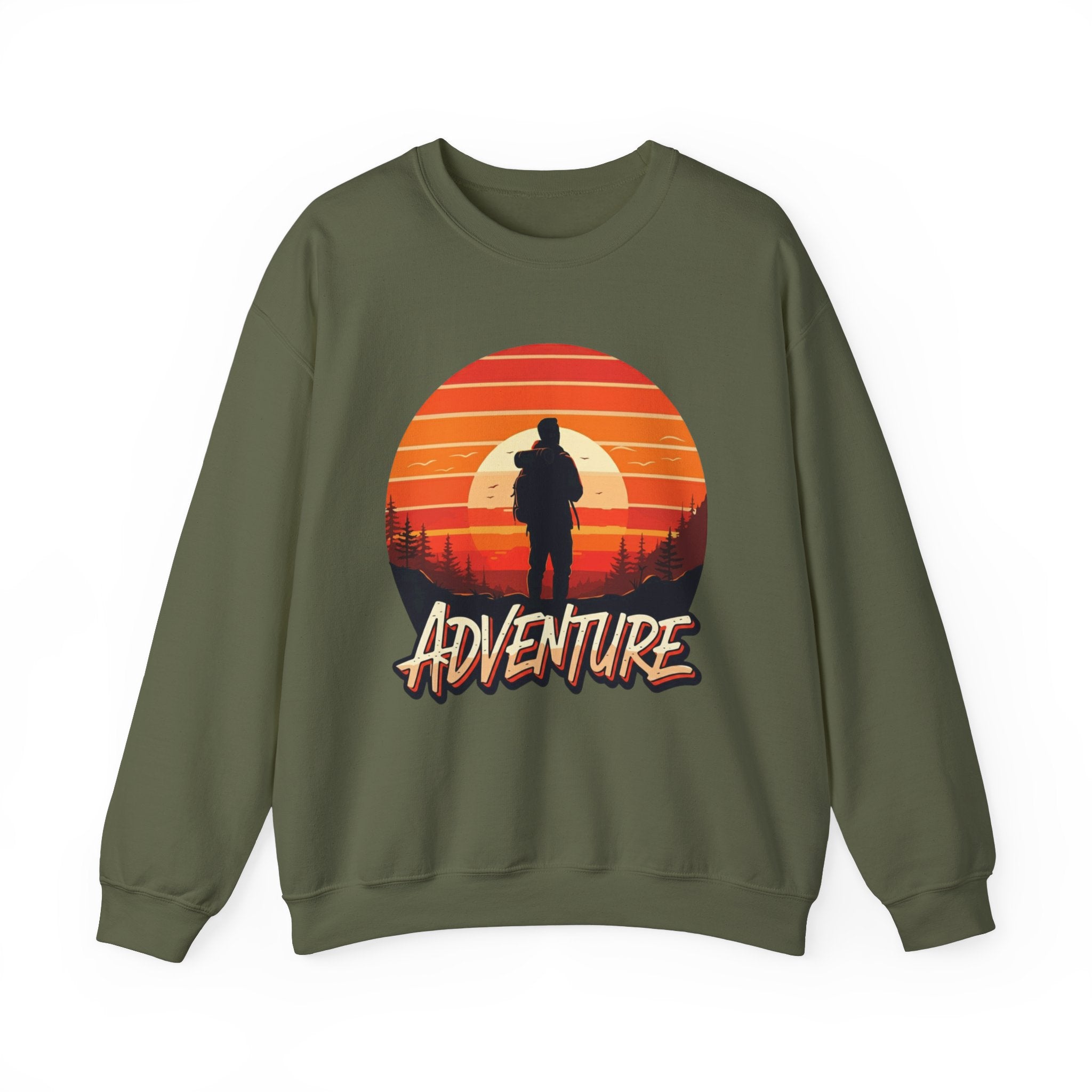 Adventure Hiking Graphic Army Green Crewneck Sweater