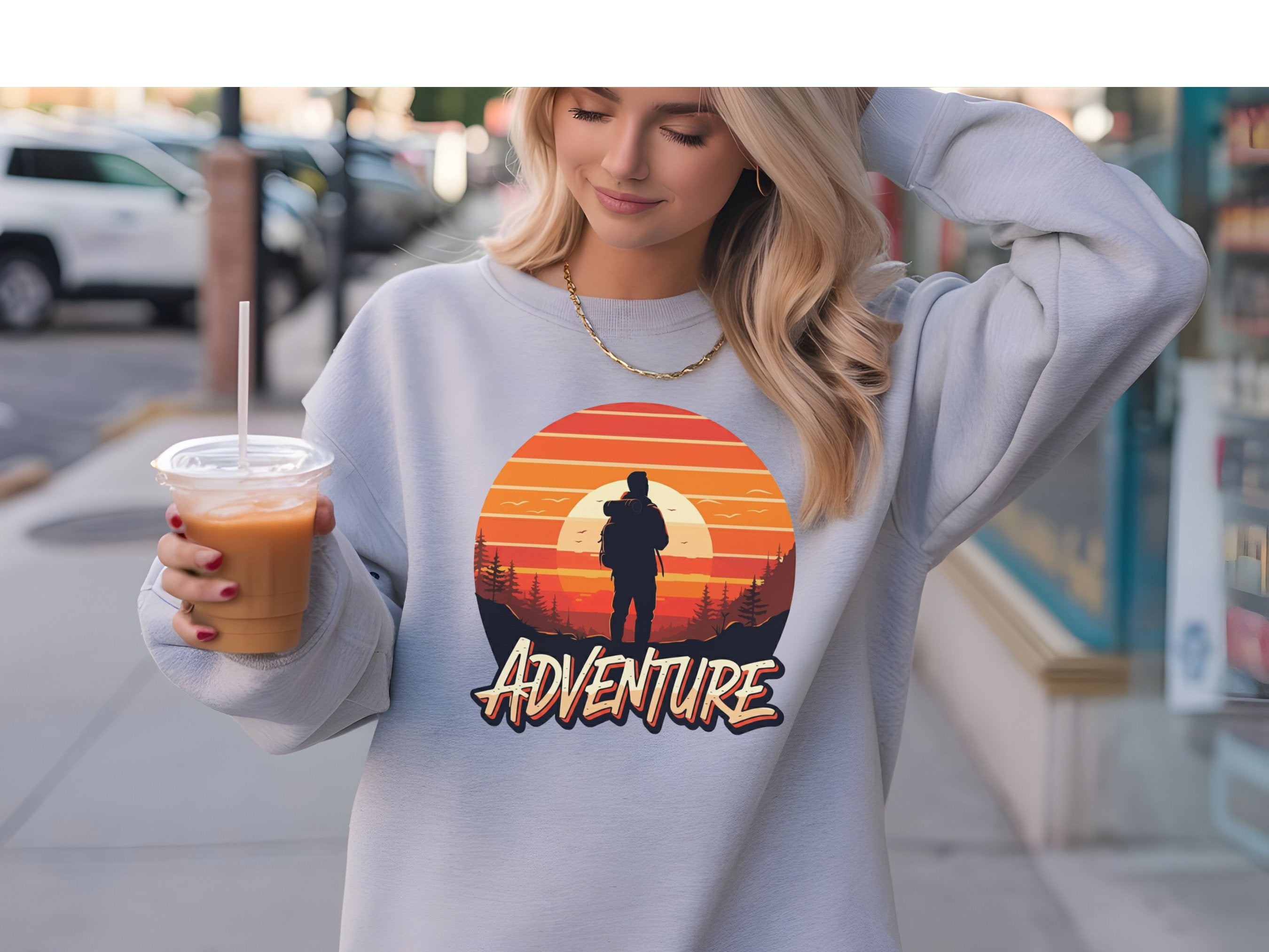 Adventure Hiking Graphic Light Grey Crewneck Sweater