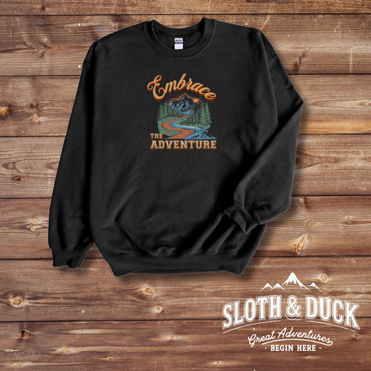 embrace the adventure black crewneck sweater