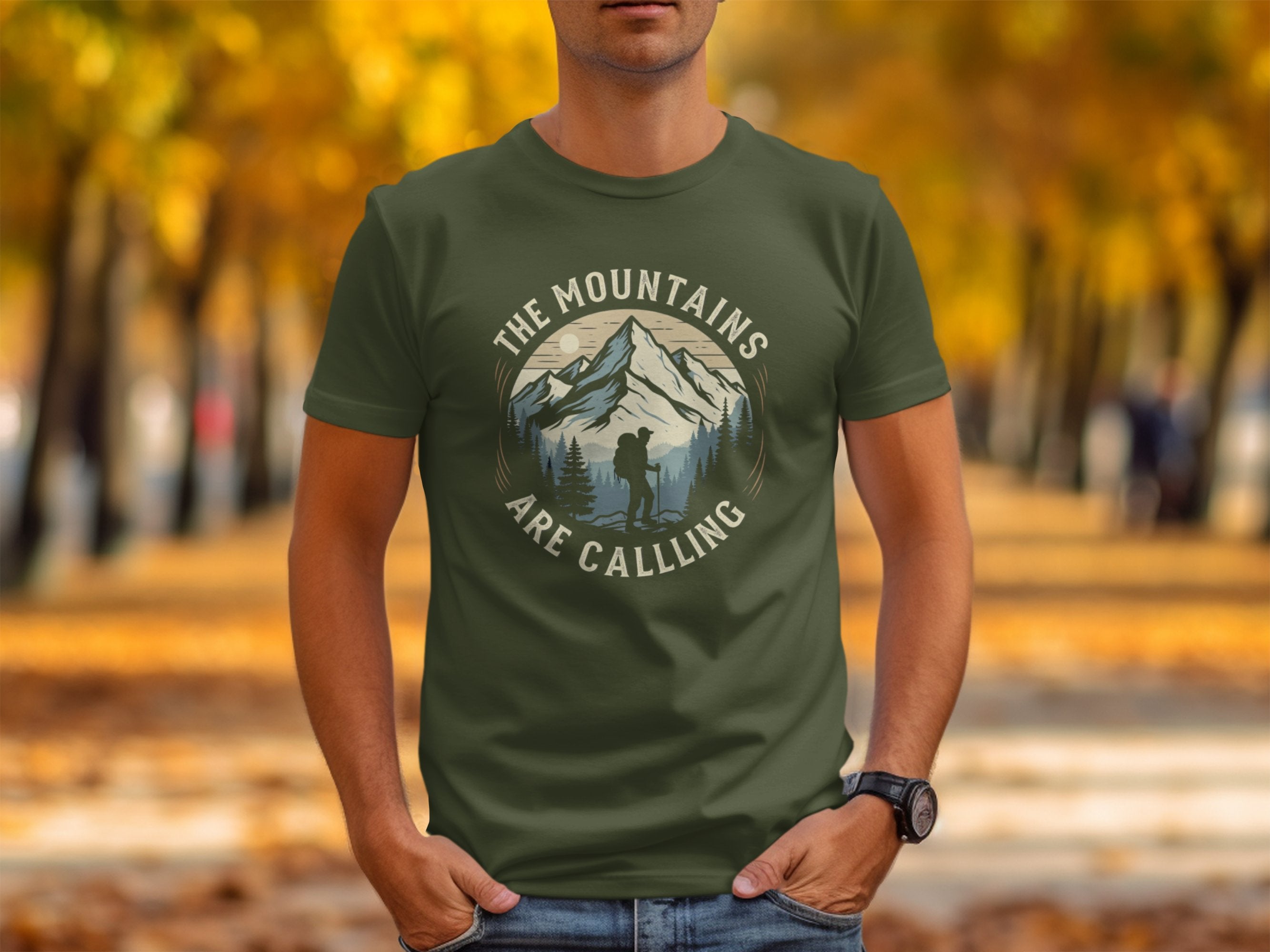 the mountains are calling army green mens shirt